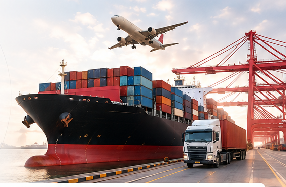 Container ship, aircraft and truck representing multimodal logistics